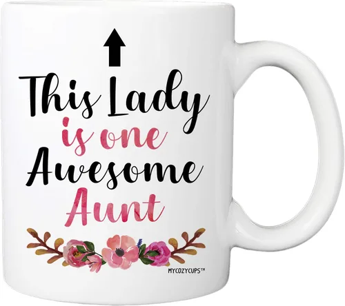 Taza de café This Lady Is One Awesome Aunt – Taza de 11 oz para tía – Taza para cumpleaños, Navidad, Día de la Madre de sobrina, sobrino, familia