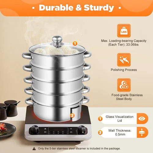 Miniatura 3 de Olla de vapor para cocinar de acero inoxidable de 5 niveles, vaporizador de carne, verduras, cocina, cocina, utensilios de cocina de múltiples capas