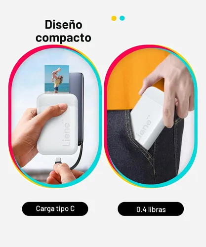 Miniatura 2 de Liene Impresora Fotográfica 2x3 Pulgadas, Mini Impresora de Imágenes con 10 Papeles Adhesivos Zink, Bluetooth 5.0, Compatible con iOS y Android