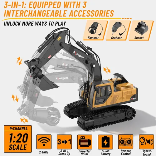 Miniatura 2 de kolegend Juguete de excavadora a control remoto 3 en 1 de 14 canales, juguete de excavadora RC para niños de 3 a 12 años con balde/garra/taladro