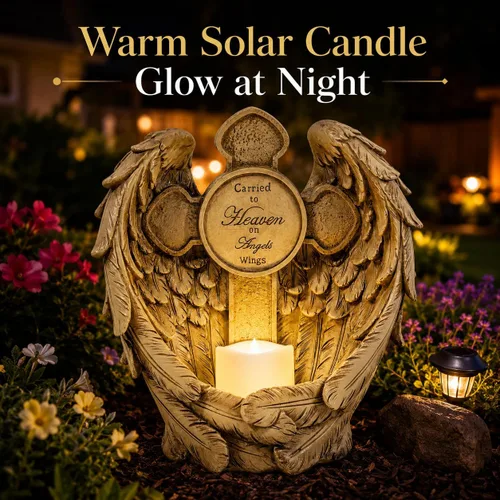 Miniatura 5 de Estatua conmemorativa de alas de ángel solar con vela LED y cruz, decoración de tumbas de resina resistente a la intemperie para cementerio, regalos