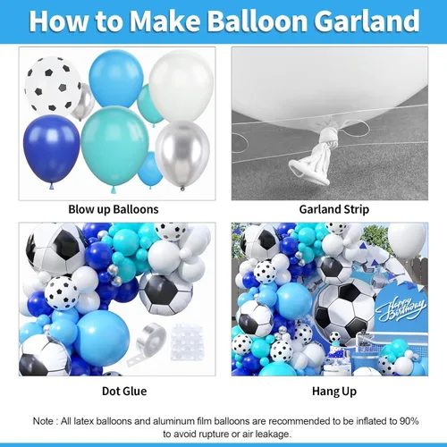 Miniatura 6 de Kit de arco de globos de fútbol con globos de papel de aluminio de fútbol 4D, globos de látex azul real, blanco, plateado metálico para baby shower