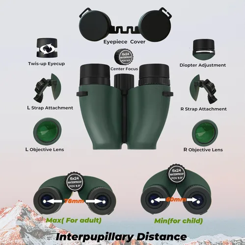 Miniatura 7 de Binoculares compactos HD de 6 x 24, enfoque cercano de 1.6 ft, impermeables, a prueba de niebla, IPX7, prismáticos BAK-4 para observación de aves