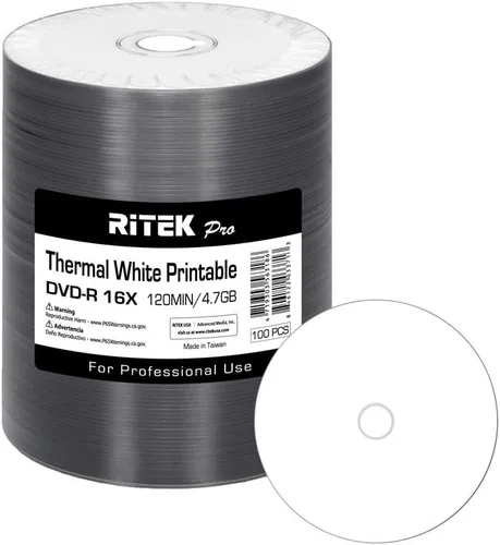 Paquete de 100 unidades Ritek Pro (grado profesional) DVD-R 16X 4.7 GB AZO Dye (MID MXL RG04) Hub térmico blanco imprimible disco grabable en blanco