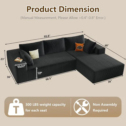 Miniatura 2 de Sofá seccional modular de 96", sofá en forma de L tipo nube sin estructura con chaise lounge, tapizado de pana con asiento profundo de espuma Negro