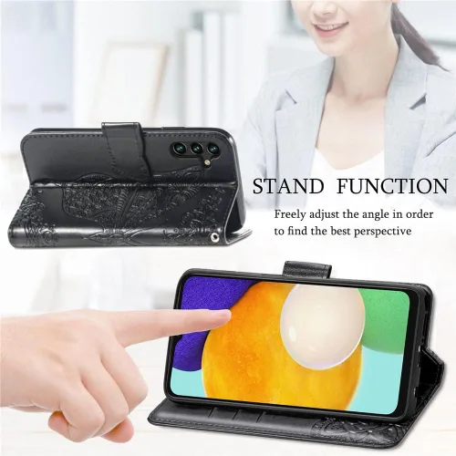 Miniatura 4 de Funda compatible con Samsung Galaxy A13 con purpurina brillante con tarjetero y soporte de cuero con tapa de mariposa de diamante a prueba de Negro
