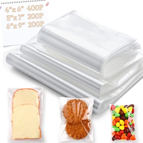800 piezas de bolsas transparentes resellables de celo/celofán de 3 tamaños con 4×6, 5×7, 6×9 pulgadas, ideales para panadería, aperitivos, velas,