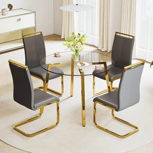 Miniatura 13 de Juego de mesa de comedor gopop de 5 piezas para 4, juego de mesa de comedor redonda de vidrio para 4, mesa de vidrio templado con 4 sillas