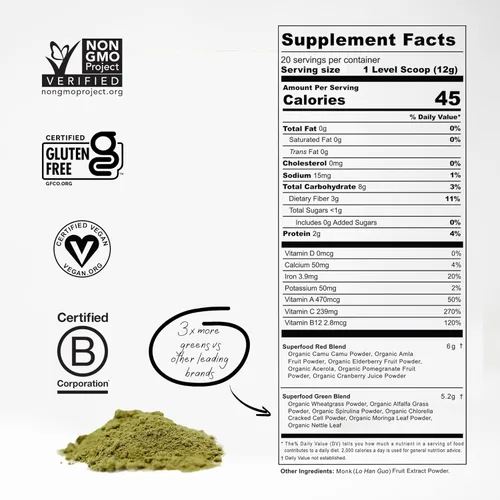 Miniatura 2 de Superalimento en polvo orgánico de verduras Verdes y rojos con espirulina, clorella, camu camu y saúco Desintoxicación, digestión, inmunidad