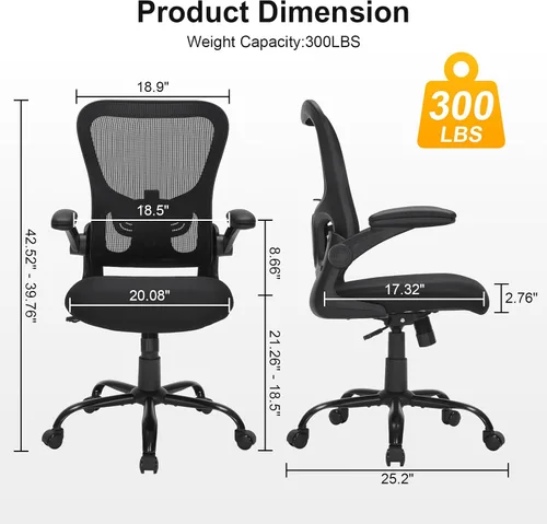 Miniatura 3 de Silla de oficina ergonómica de malla, soporte lumbar ajustable, brazos abatibles, silla giratoria para computadora con respaldo transpirable
