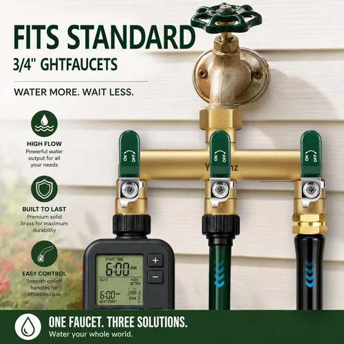 Miniatura 7 de Divisor de manguera de jardín de 3 vías, divisor de espiga de latón para exteriores, 3/4 pulgadas GHT 0.47" Full Flow Ball Valve, Shut-off Valves