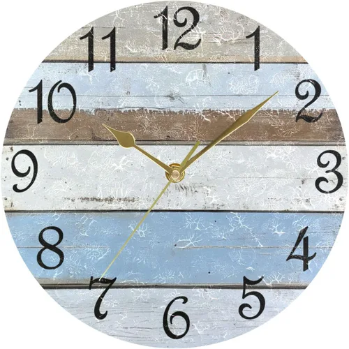Miniatura 18 de Reloj de pared rústico retro con puerta de granero de madera, marrón, azul, funciona con pilas, silencioso, sin tictac, 10 pulgadas, reloj de mesa