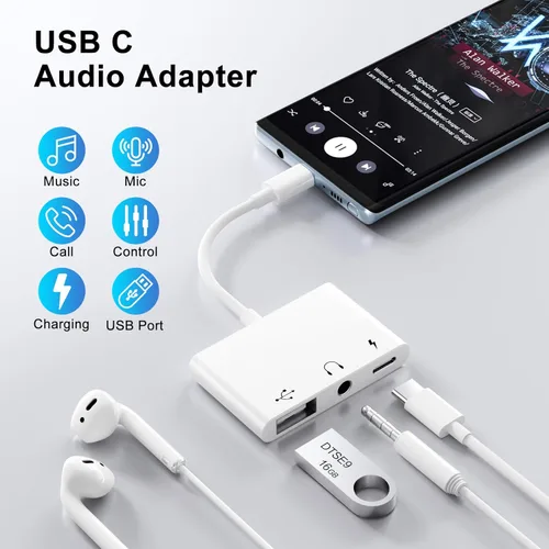 Miniatura 2 de INVERSE NET USB C a 3.5mm Adaptador de Audio OTG, Adaptador USB-C a USB 3en1 con Conector de Auriculares de 3.5mm y Carga Rápida PD de 60W