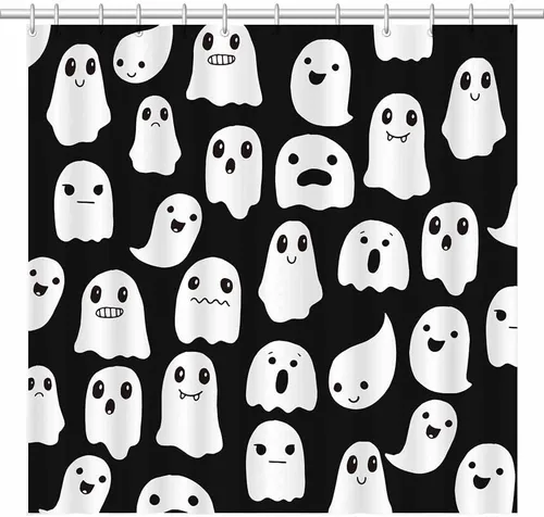 Cortina de ducha fantasma de Halloween de 72 x 72 pulgadas, espeluznante y divertida, iconos de fantasmas de dibujos animados, tela blanca y negra, 1