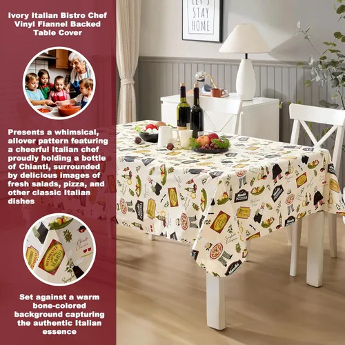 Miniatura 5 de Newbridge Mantel rectangular de vinilo de 52 x 52 pulgadas con reverso de franela, bistró chef italiano, chef novedoso para interiores y exteriores