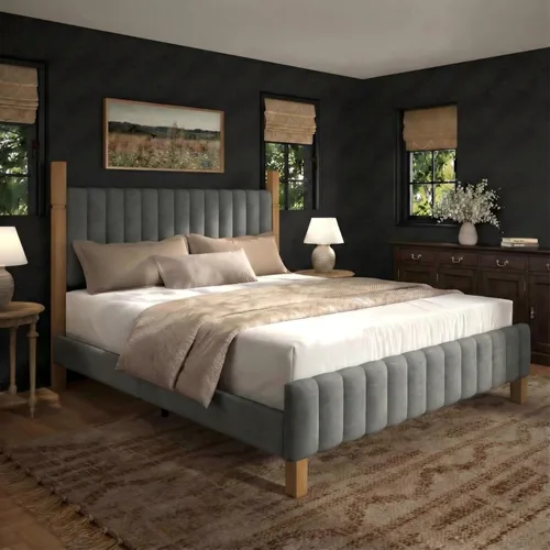 Miniatura 8 de Yechen Base de cama Queen con cabecero, marco de cama de madera con postes de madera maciza, no necesita somier, lino beige Sábanas beige