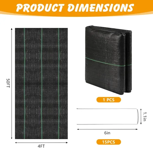 Miniatura 3 de ondware Tela de barrera de malezas de 4 x 50 pies, cubierta de suelo tejida de 3.2 onzas para jardinería y paisajismo con 15 estacas en forma de U