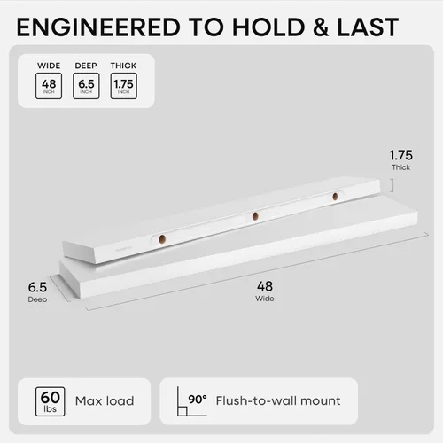 Miniatura 2 de Homeforia Estante flotante blanco de 48 pulgadas, estantes flotantes de madera maciza de alta gama de 48 pulgadas de largo para montaje en pared