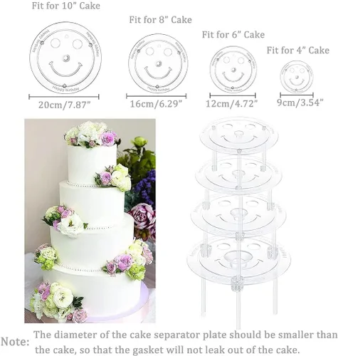 Miniatura 5 de Smiley - Juego de varillas de plástico para tartas, 12 varillas de plástico blanco para pasteles, 12 piezas apilables transparentes y 4 platos
