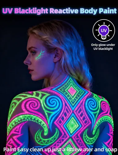 Miniatura 4 de 6 botellas, 28.3 g Pintura UV para el cuerpo brillante con luz negra fluorescente, segura para la piel, lavable, no tóxica, kit de seis