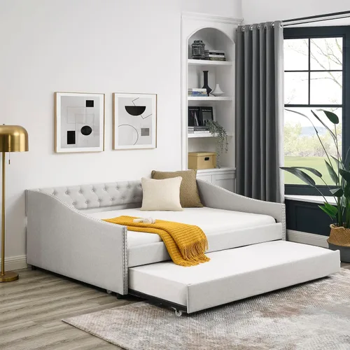 Sofá cama matrimonial con nido, marco de cama moderno de madera con botón copetudo y cabeza de clavos, sofá cama tapizado con nido extraíble para