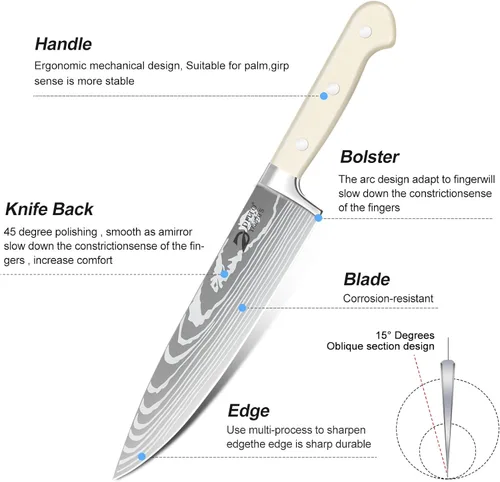 Miniatura 3 de Dfito Juego de cuchillos de chef con bolsa de rollo, juego de 9 cuchillos profesionales con afilador, juego de cuchillos de cocina de acero Beige