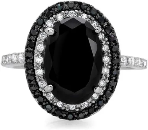 Miniatura 2 de Anillo de plata de ley 925 brillante con diamantes de corte ovalado, ónix negro, marcasita blanca, circonita cúbica, anillos de cóctel, anillo