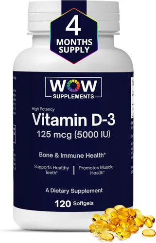 WOW Supplements Vitamina D3 5000 UI cápsulas blandas, 125 mcg – Suplemento de vitamina D3 5000IU para huesos fuertes y apoyo inmunológico – Sin OMG,