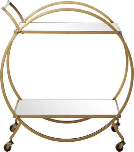 Deco 79 Carrito de barra de metal redondo con 2 estantes con espejo con asa superior, 27 x 15 x 30 pulgadas, dorado