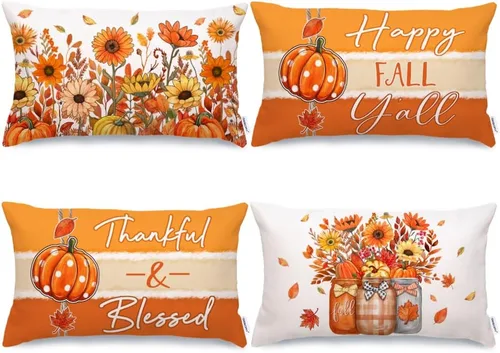 Miniatura 17 de GEEORY Juego de 4 fundas de almohada de otoño de 18 x 18 pulgadas, diseño de calabazas y tarros de masón, decoración agradecida, fundas de cojín