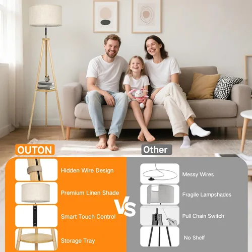 Miniatura 11 de OUTON - Lámpara de pie de trípode de madera con estantes, lámpara de pie de mediados de siglo con control remoto, 4 temperaturas de color, lámpara