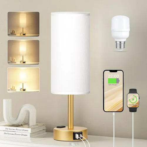 Miniatura 33 de Fenmzee Juego de lámparas de mesa pequeñas táctiles regulables de 2 a 3 vías, carga USB A + C, salida de CA, base de grano de madera, bombillas