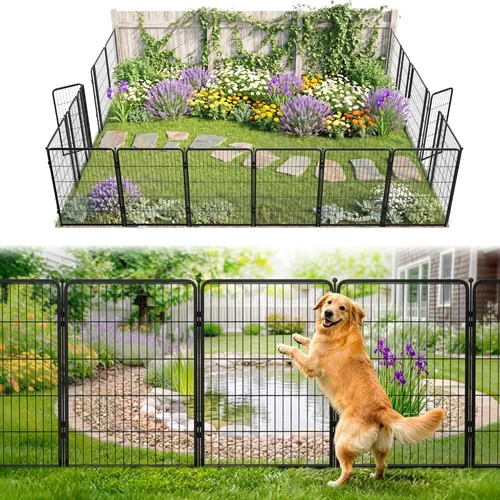 Miniatura 27 de FXW - Valla de jardín metálica y resistente para exteriores, barrera para perros y conejos, fácil instalación, negro, 24 pulgadas de alto x 29.6