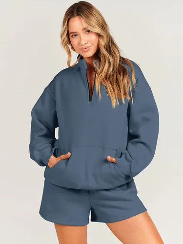 Miniatura 3 de Caracilia Conjunto deportivo de 2 piezas para mujer, sudadera de gran tamaño con media cremallera y pantalones cortos a juego para el otoño