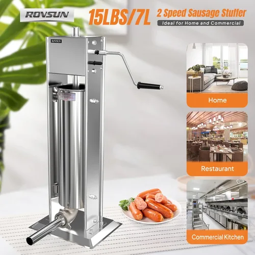 Miniatura 2 de ROVSUN Embutidora de salchichas manual de 15 lb/7 l, máquina de salchichas vertical de dos velocidades de acero inoxidable, máquina de relleno