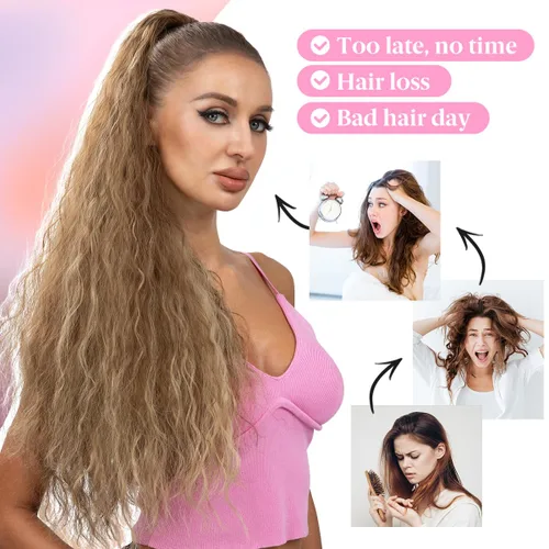 Miniatura 7 de Extensión de cola de caballo con cordón de 26 pulgadas de largo, esponjoso, ondulado, para mujeres negras, extensiones de cabello rizado para uso