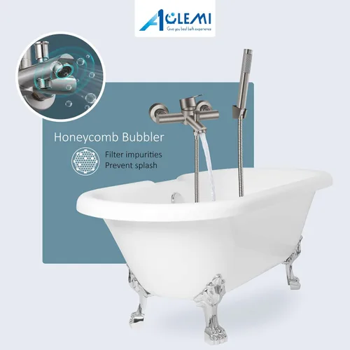 Miniatura 5 de Aolemi Llenador de bañera de montaje en pared, níquel cepillado, grifo de bañera central de 6 pulgadas con ducha de mano, acero inoxidable SUS304