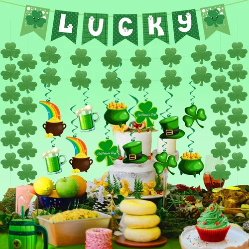 Miniatura 3 de 31 piezas de decoraciones del día de San Patricio, trébol premontado, banderines de la suerte, trébol, remolinos colgantes, decoración irlandesa