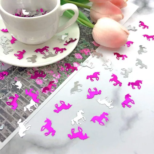 Miniatura 5 de Decoración de mesa de fiesta de unicornio de confeti de cumpleaños de papel metálico de unicornio para boda, cumpleaños, baby shower, despedida