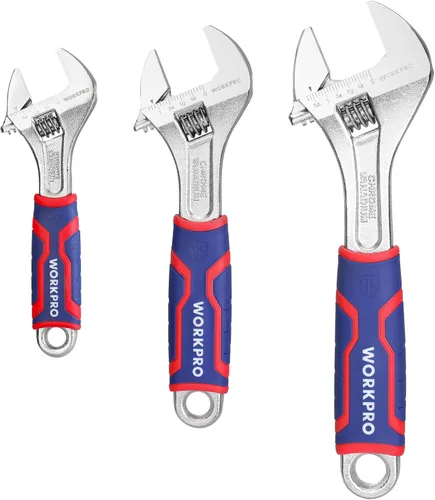 WORKPRO juego de 3 llaves ajustables, llave de mandíbula ancha Cr-V con empuñadura antideslizante de goma, 6 pulgadas, 8 pulgadas, 10 pulgadas con