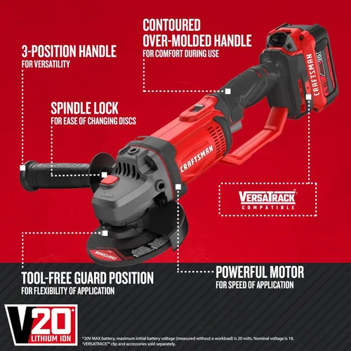 Miniatura 2 de CRAFTSMAN V20 Kit de herramientas de amoladora angular inalámbrica, 4-1/2 pulgadas, batería y cargador incluidos (CMCG400M1)