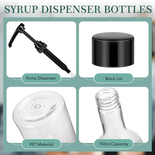 Miniatura 2 de Maxdot 2 piezas botellas de jarabe de 25 oz con bomba, botellas de cuello largo, dispensador de bomba de jarabe de plástico para accesorios de bar