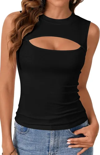 Miniatura 2 de Vrtige Camiseta sin mangas sexy con cuello redondo para mujer, de punto acanalado, sin mangas, ajustada