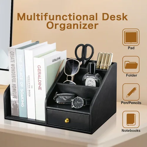 Miniatura 3 de KINGFOM Organizador de escritorio de piel sintética, organizador de escritorio multifunción con 6 compartimentos y accesorios para suministros