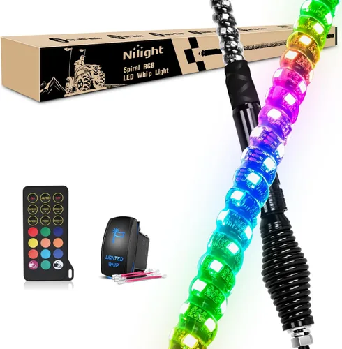 Miniatura 13 de Nilight 2 luces LED RGB en espiral de 3 pies con base de resorte, luz de persecución RF, control remoto, látigos de antena iluminados para Can-Am