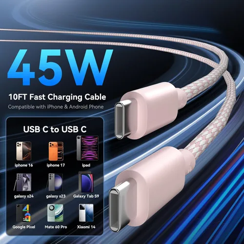 Miniatura 5 de Cargador para teléfono 17 16 Pro Max de carga rápida, bloque de carga USB C súper rápido de 45 W con cable de carga trenzado de nailon de 10 pies