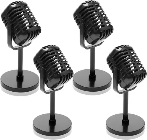 Windspeed Paquete de 4 accesorios de micrófono retro modelo antiguo vintage con soporte para decoraciones de fiesta, juego de simulación (no es