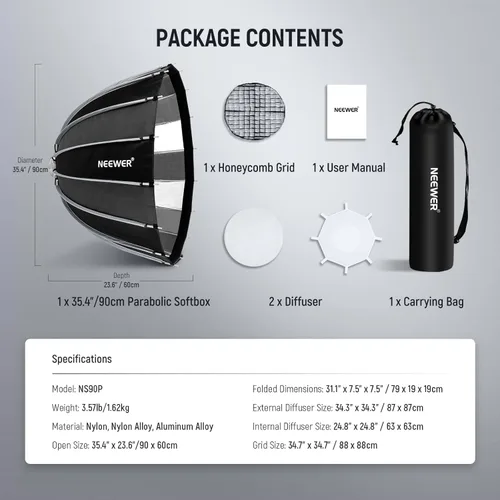 Miniatura 8 de NEEWER 35.4"/90cm Parabolic Softbox Bowens Mount, liberación rápida con difusores/rejilla/bolsa para iluminación continua de video CB60 CB200B MS60
