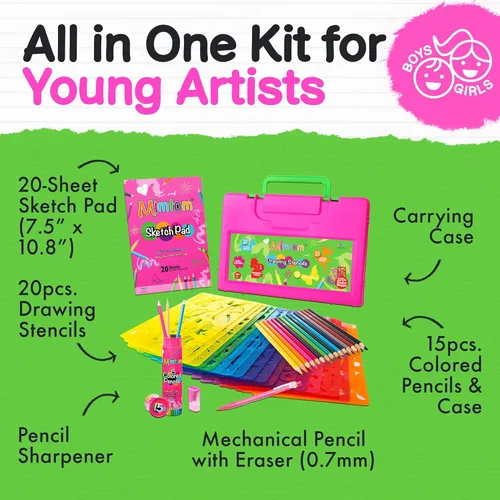 Miniatura 2 de Kit de plantillas de dibujo para niños, juego de 60 piezas de arte con más de 370 formas, bloc de bocetos y lápices de colores para manualidades