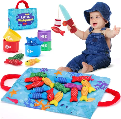 hahaland Juguetes Montessori para niño de 1 año, regalo de cumpleaños, juego de pesca de tela 10 en 1, juguetes para niños pequeños con tazas